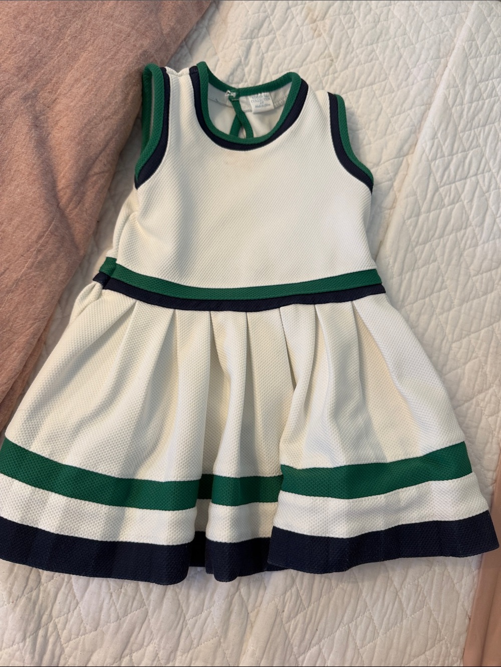 Edgehill Collection White Dress with Green & Navy Trim